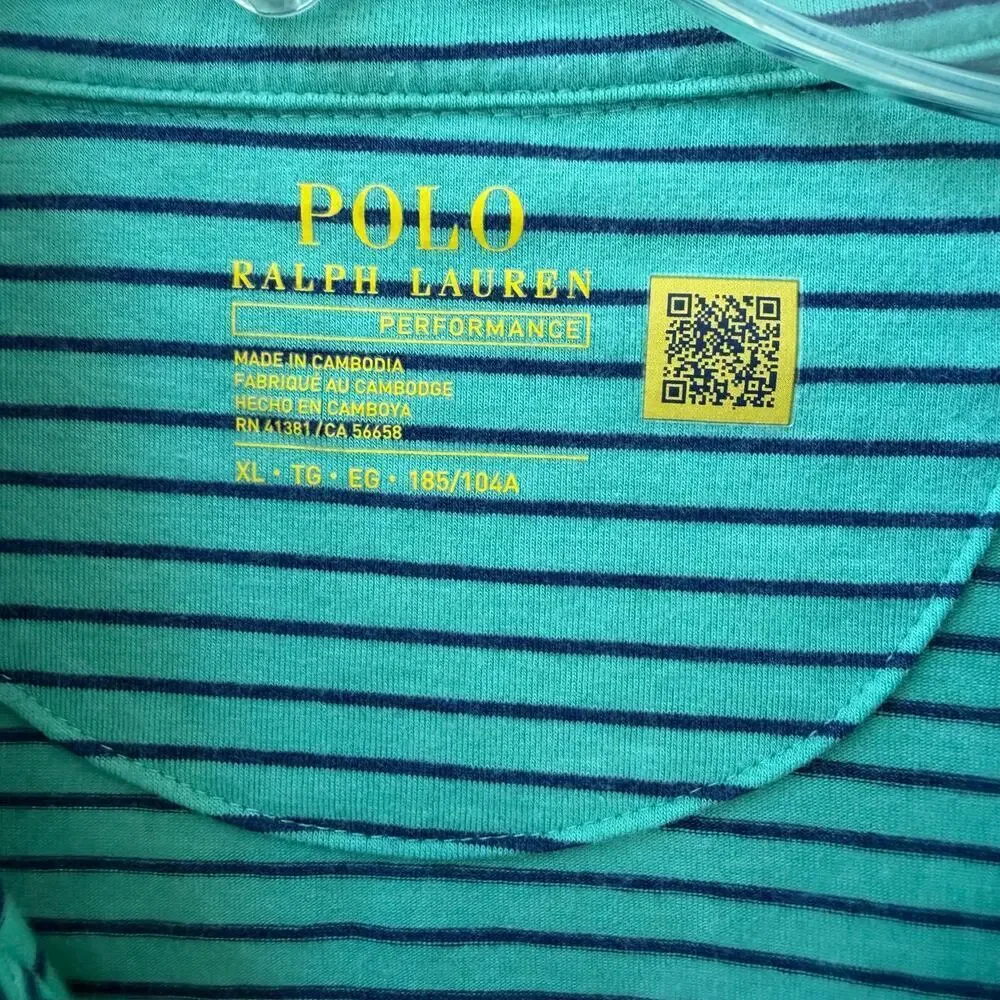 Polo Ralph Lauren Performance Polo Shirt Green Blue Stripe Size XL Preppy Casual